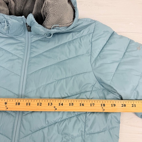 Columbia Omni Heat Puffer Coat Jacket Womens M Hooded Light Blue Full Zip Winter - Picture 13 of 16